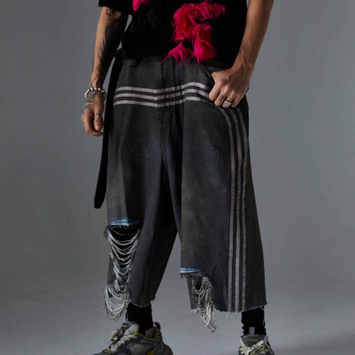 Custom Unique Streetwear Washed Cropped Trousers with Ripped Design and Wide Legs