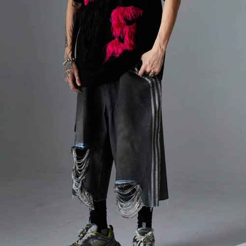 Custom Unique Streetwear Washed Cropped Trousers with Ripped Design and Wide Legs