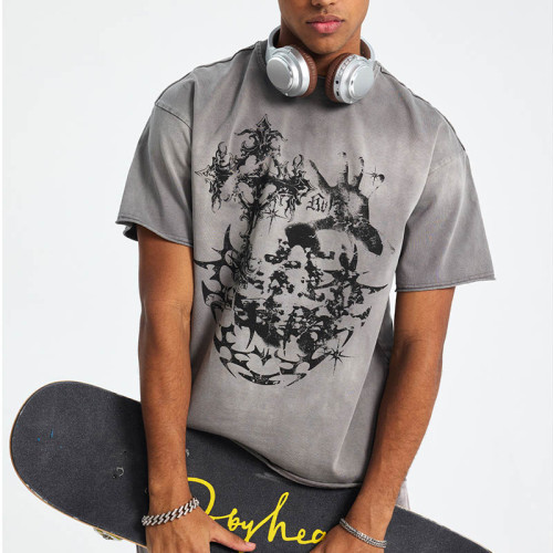 Custom Unique Street Art Print Gray Washed T-Shirt for Men