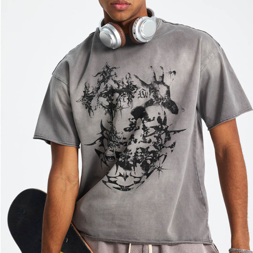 Custom Unique Street Art Print Gray Washed T-Shirt for Men