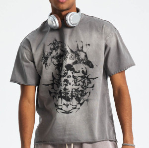 Custom Unique Street Art Print Gray Washed T-Shirt for Men