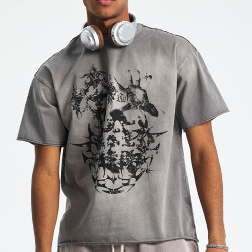 Custom Unique Street Art Print Gray Washed T-Shirt for Men