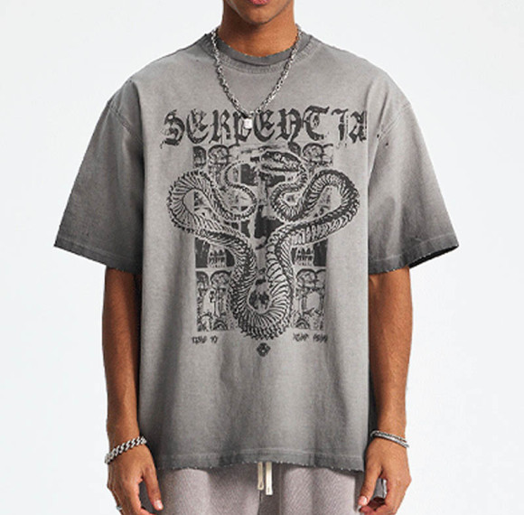 Custom Men's Vintage Washed Snake Graphic T-Shirt
