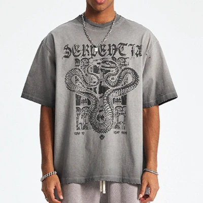 Custom Men's Vintage Washed Snake Graphic T-Shirt