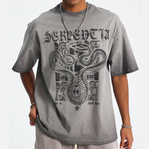 Custom Men's Vintage Washed Snake Graphic T-Shirt