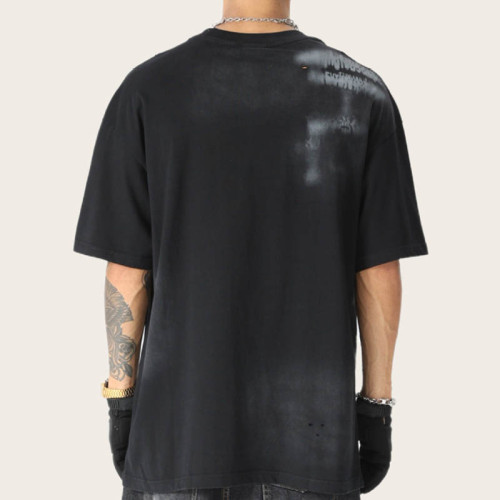 Custom Vintage Washed Black T-shirt with Blurred Graphic Design