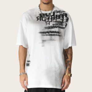 Custom Vintage Washed Black T-shirt with Blurred Graphic Design