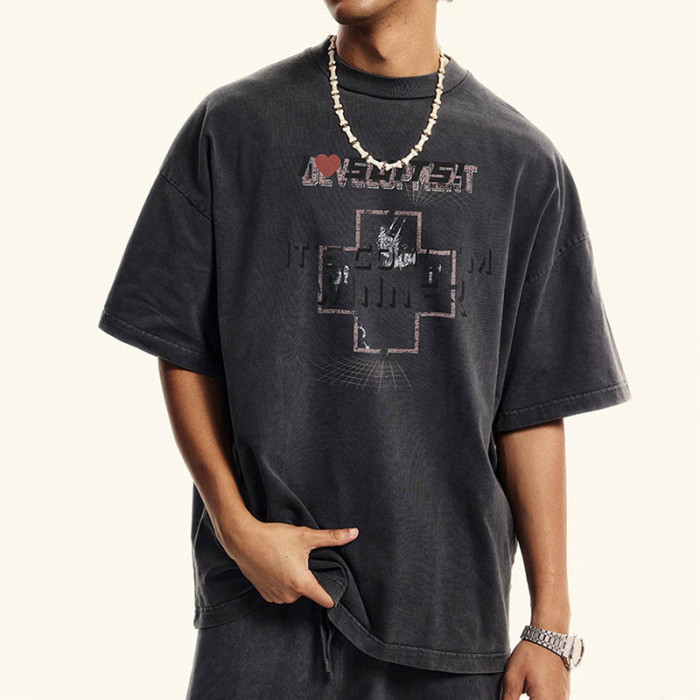 Vintage Inspiration Custom Black Washed Cross Printed T-Shirt