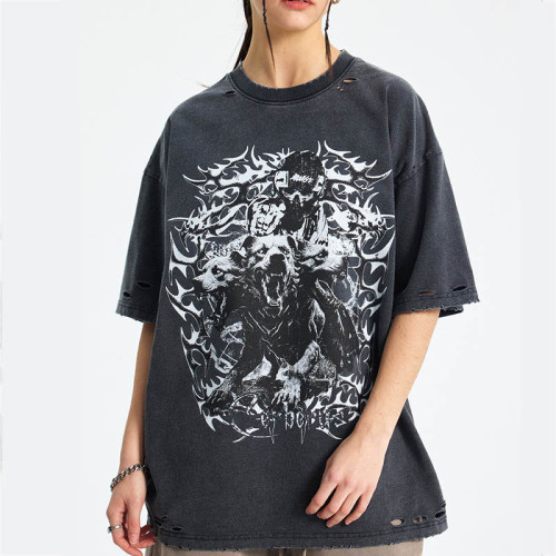 Unique Street Art Custom Black Washed Animal Print T-shirt Men