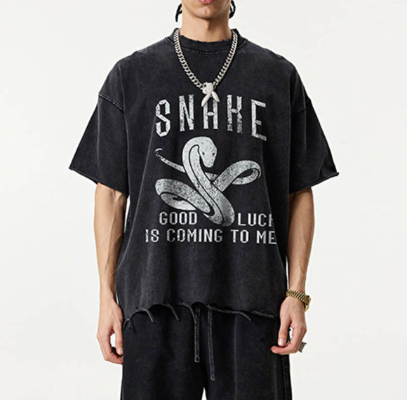 Custom High Street Design Vintage Washed Snake Print T-Shirt