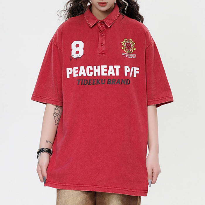 Custom 2025 Summer Retro Sport Style Printed Washed Polo Shirt