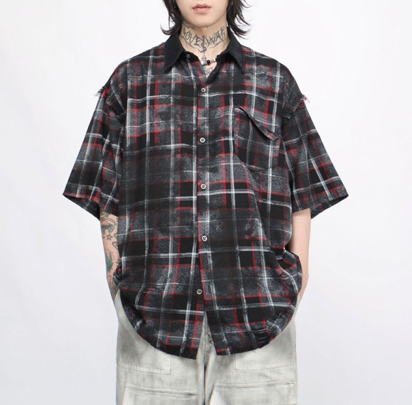 Custom Tie-Dye Check Patchwork Short Sleeve Shirt | High Street Style | 100% Cotton Fabric