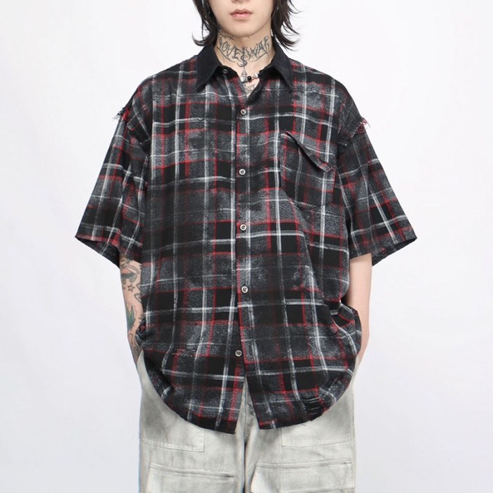 Custom Tie-Dye Check Patchwork Short Sleeve Shirt | High Street Style | 100% Cotton Fabric