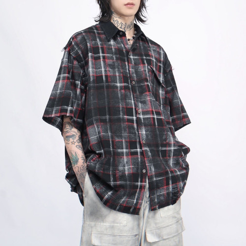 Custom Tie-Dye Check Patchwork Short Sleeve Shirt | High Street Style | 100% Cotton Fabric
