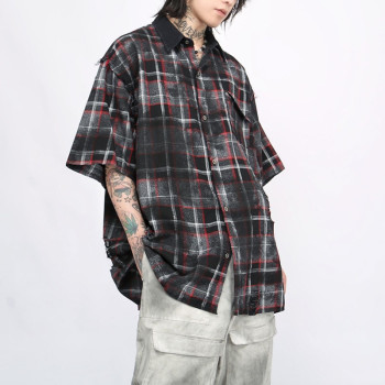 Custom Tie-Dye Check Patchwork Short Sleeve Shirt | High Street Style | 100% Cotton Fabric