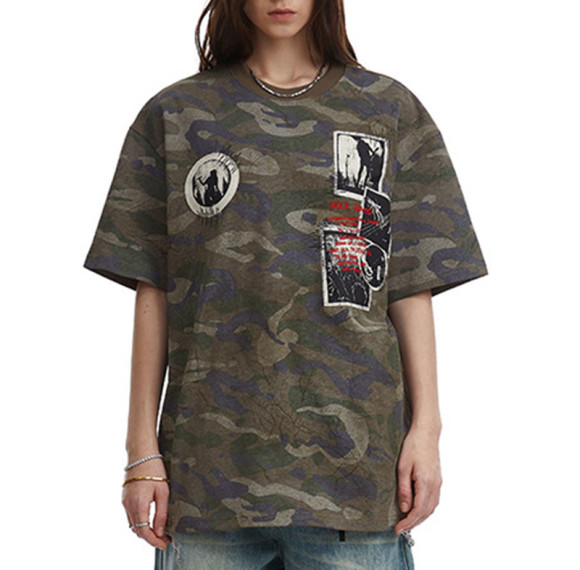 Custom Vintage Camo Short Sleeve T-shirt | Patch Embroidery | Camo Printing | Vintage Street Style