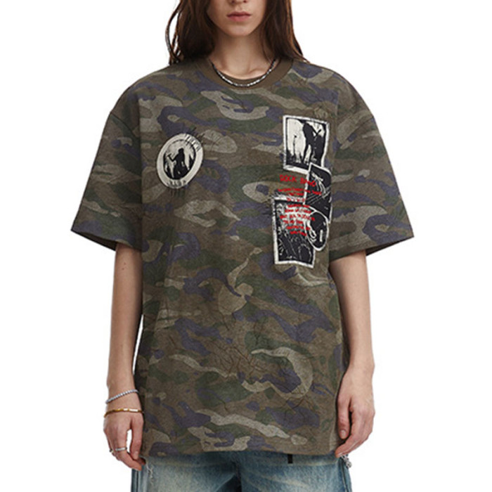 Custom Vintage Camo Short Sleeve T-shirt | Patch Embroidery | Camo Printing | Vintage Street Style
