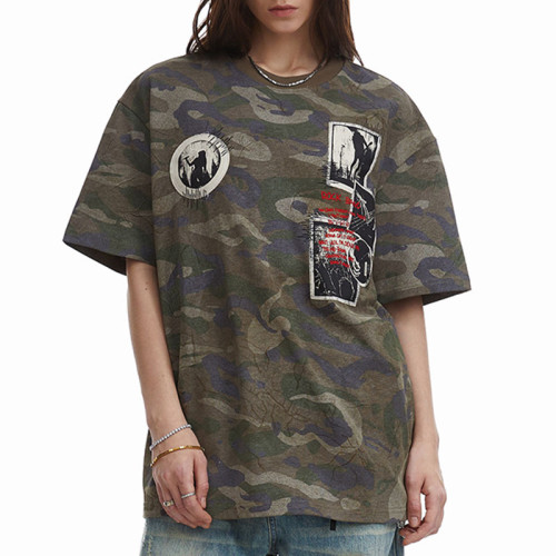 Custom Vintage Camo Short Sleeve T-shirt | Patch Embroidery | Camo Printing | Vintage Street Style