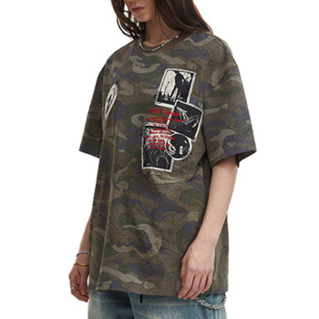 Custom Vintage Camo Short Sleeve T-shirt | Patch Embroidery | Camo Printing | Vintage Street Style