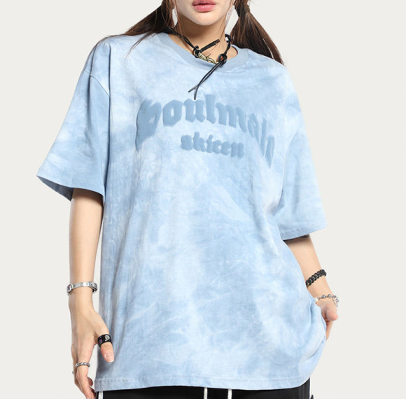 Custom American Street Vintage Gradient Print T-Shirt | Tie-dye & Puff Printing | 100% Cotton