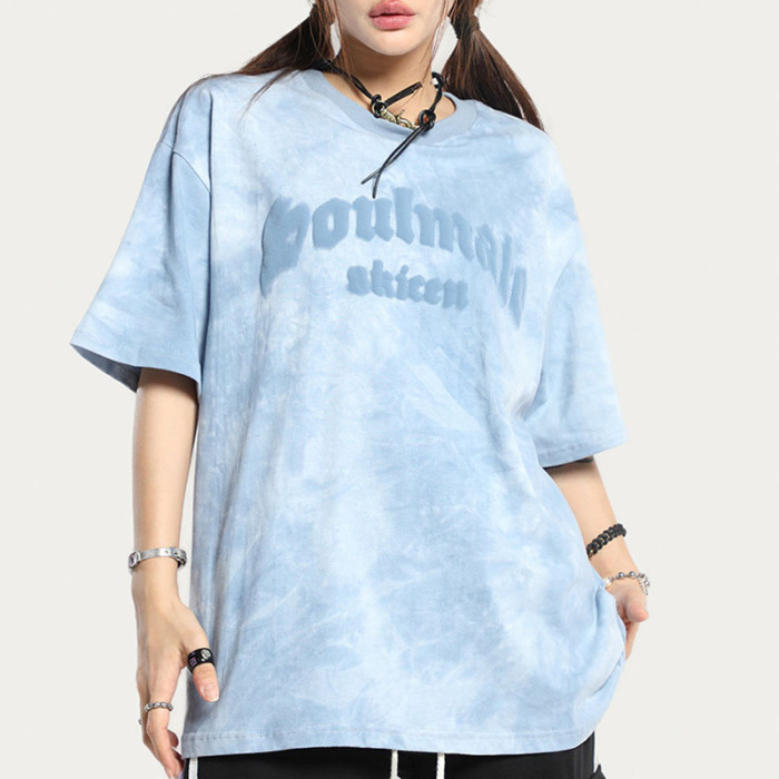 Custom American Street Vintage Gradient Print T-Shirt | Tie-dye & Puff Printing | 100% Cotton