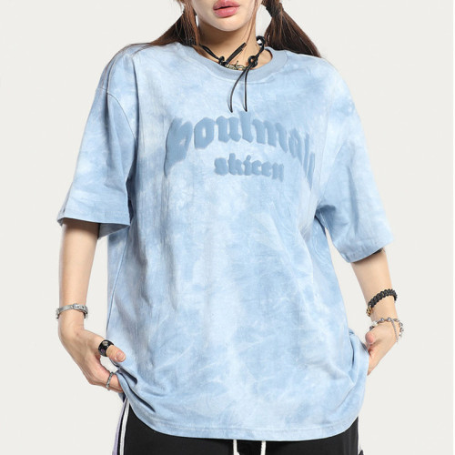 Custom American Street Vintage Gradient Print T-Shirt | Tie-dye & Puff Printing | 100% Cotton