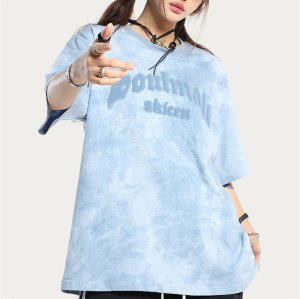Custom American Street Vintage Gradient Print T-Shirt | Tie-dye & Puff Printing | 100% Cotton