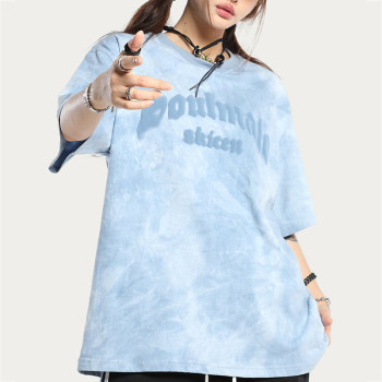 Custom American Street Vintage Gradient Print T-Shirt | Tie-dye & Puff Printing | 100% Cotton