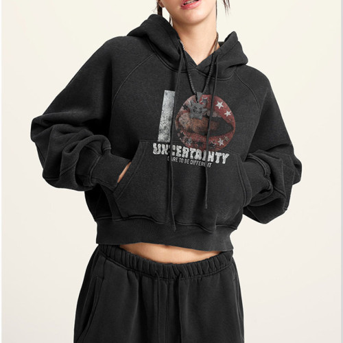 Custom American Street Washed Vintage Cropped Hoodie | Snow Washed & DTG