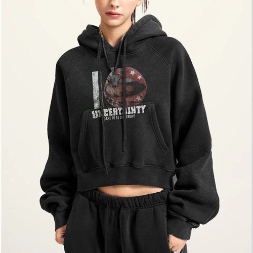 Custom American Street Washed Vintage Cropped Hoodie | Snow Washed & DTG