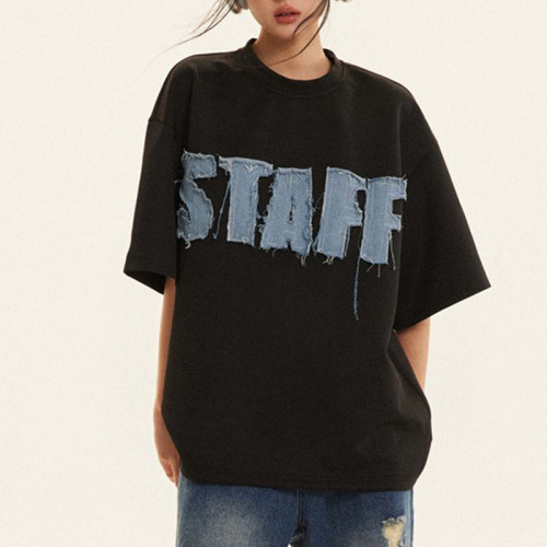 Custom Vintage Street Letter Print Applique T-Shirt | Applique Patch | 100% Cotton
