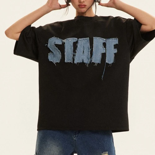 Custom Vintage Street Letter Print Applique T-Shirt | Applique Patch | 100% Cotton
