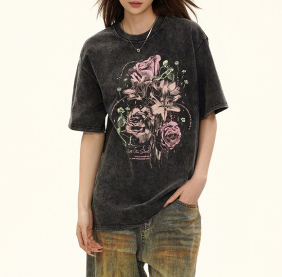 Custom Vintage Graffiti Style Washed Rose Printed T-Shirt | Washed & DTG | 100% Cotton