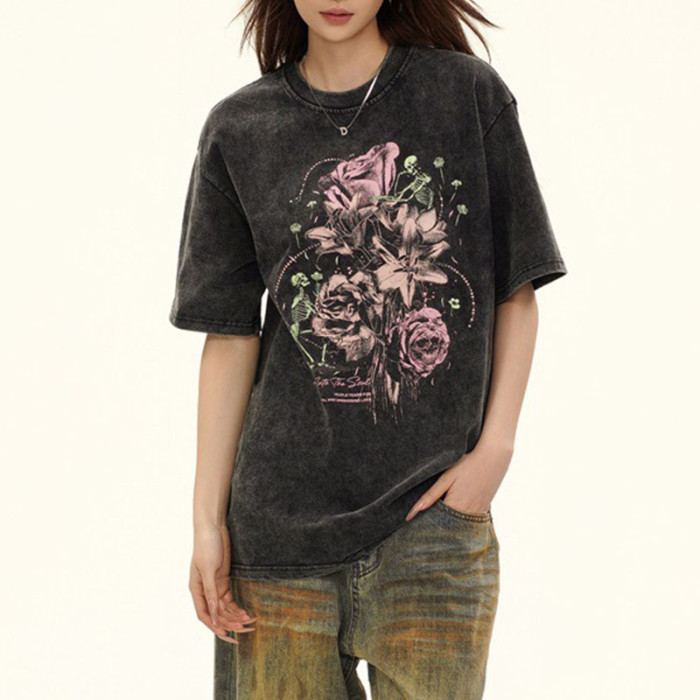 Custom Vintage Graffiti Style Washed Rose Printed T-Shirt | Washed & DTG | 100% Cotton