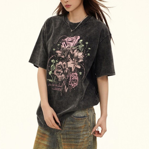 Custom Vintage Graffiti Style Washed Rose Printed T-Shirt | Washed & DTG | 100% Cotton