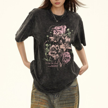 Custom Vintage Graffiti Style Washed Rose Printed T-Shirt | Washed & DTG | 100% Cotton