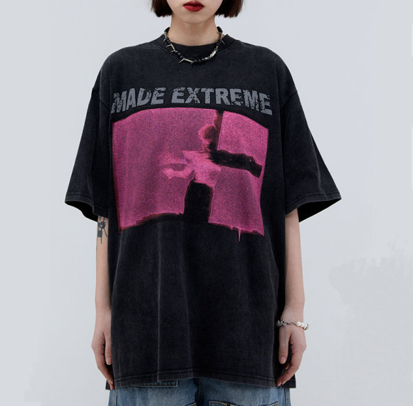 Custom Vintage Street Retro Rock Print Washed T-Shirt | Washed & Screen Printing & Puff Printing