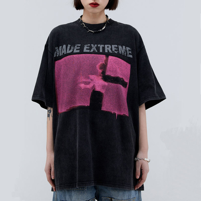 Custom Vintage Street Retro Rock Print Washed T-Shirt | Washed & Screen Printing & Puff Printing