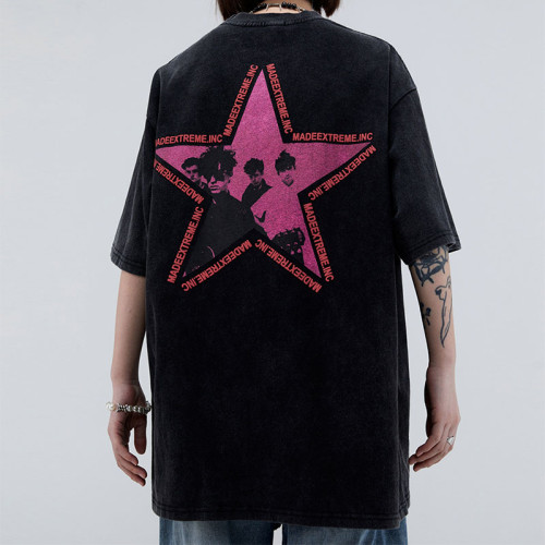 Custom Vintage Street Retro Rock Print Washed T-Shirt | Washed & Screen Printing & Puff Printing