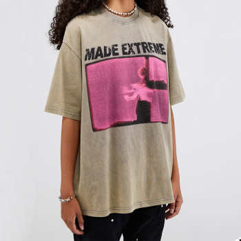 Custom Vintage Street Retro Rock Print Washed T-Shirt | Washed & Screen Printing & Puff Printing