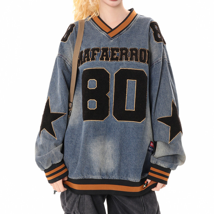 Custom Vintage Washed Jersey Oversized V Neck Sweatshirts | Sun Dried & Towel Embroidery
