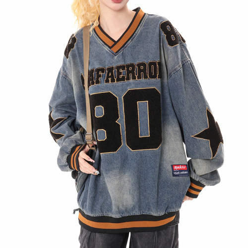 Custom Vintage Washed Jersey Oversized V Neck Sweatshirts | Sun Dried & Towel Embroidery