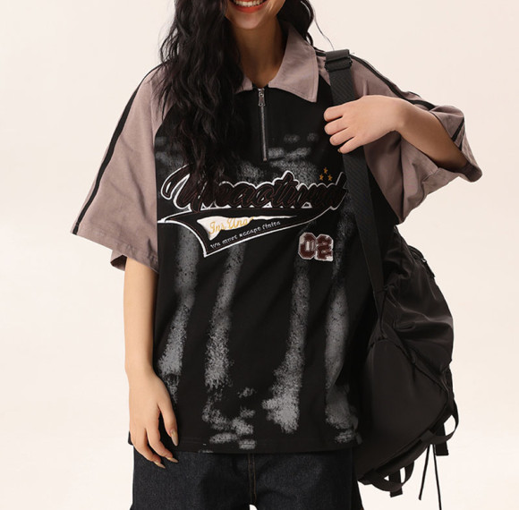 Custom Vintage Letter Embroidered Lapel Neck T-shirt | Sun Dried & Towel Embroidery | 100% Cotton