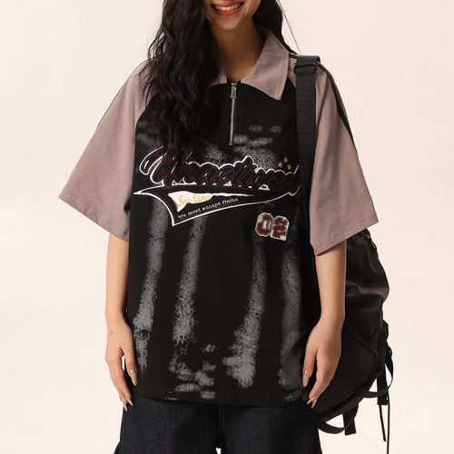 Custom Vintage Letter Embroidered Lapel Neck T-shirt | Sun Dried & Towel Embroidery | 100% Cotton