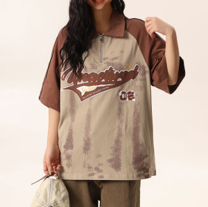 Custom Vintage Letter Embroidered Lapel Neck T-shirt | Sun Dried & Towel Embroidery | 100% Cotton