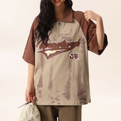 Custom Vintage Letter Embroidered Lapel Neck T-shirt | Sun Dried & Towel Embroidery | 100% Cotton