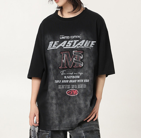 Custom Retro High Street Washed Short Sleeve T-Shirt | Sun Faded & Applique Patch & Screen Printing