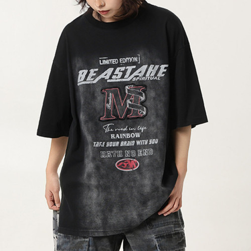 Custom Retro High Street Washed Short Sleeve T-Shirt | Sun Faded & Applique Patch & Screen Printing