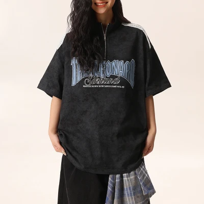 Retro Street Design Washed Patchwork Half Zip T-Shirts  | Washed & Applique Patch | OEM & ODM