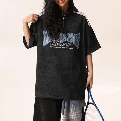 Retro Street Design Washed Patchwork Half Zip T-Shirts  | Washed & Applique Patch | OEM & ODM